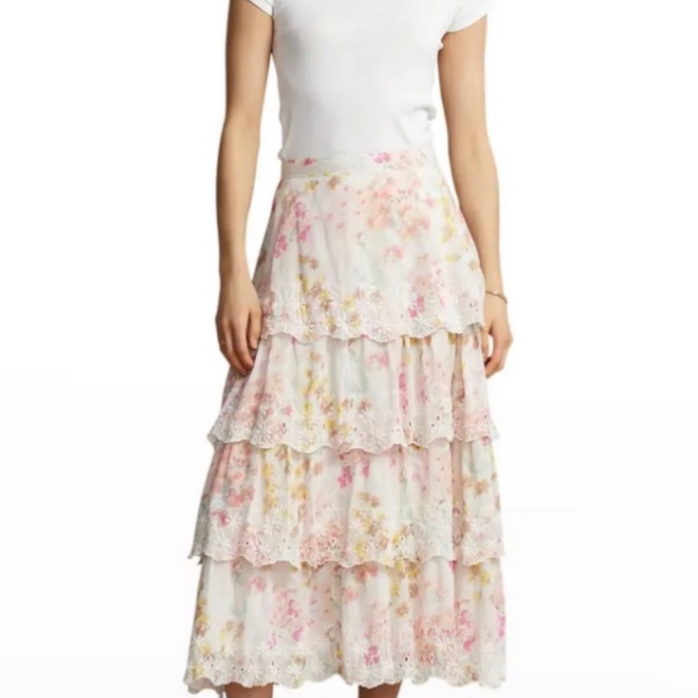 Polo Ralph Lauren pink eyelet tiered scallop cotton Skirt size 0 white yellow